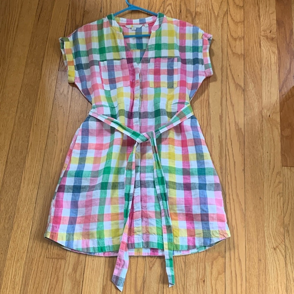 Boden linen mini shirt dress 4p gingham belted pockets
